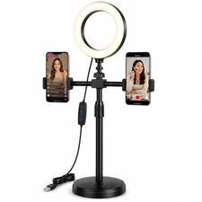 6" LED Ring Light with Dual Phone Holder, Desk Tripod Stand for TikTok Zoom