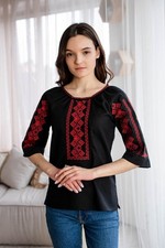Women's Black Ukrainian Vyshyvanka Blouse 3/4 Sleeve Embroidered Shirt Folk