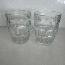 ARCOROC FRANCE Vintage Clear Glass Thumbprint Barrel Mug Stein Set Of Two Mugs