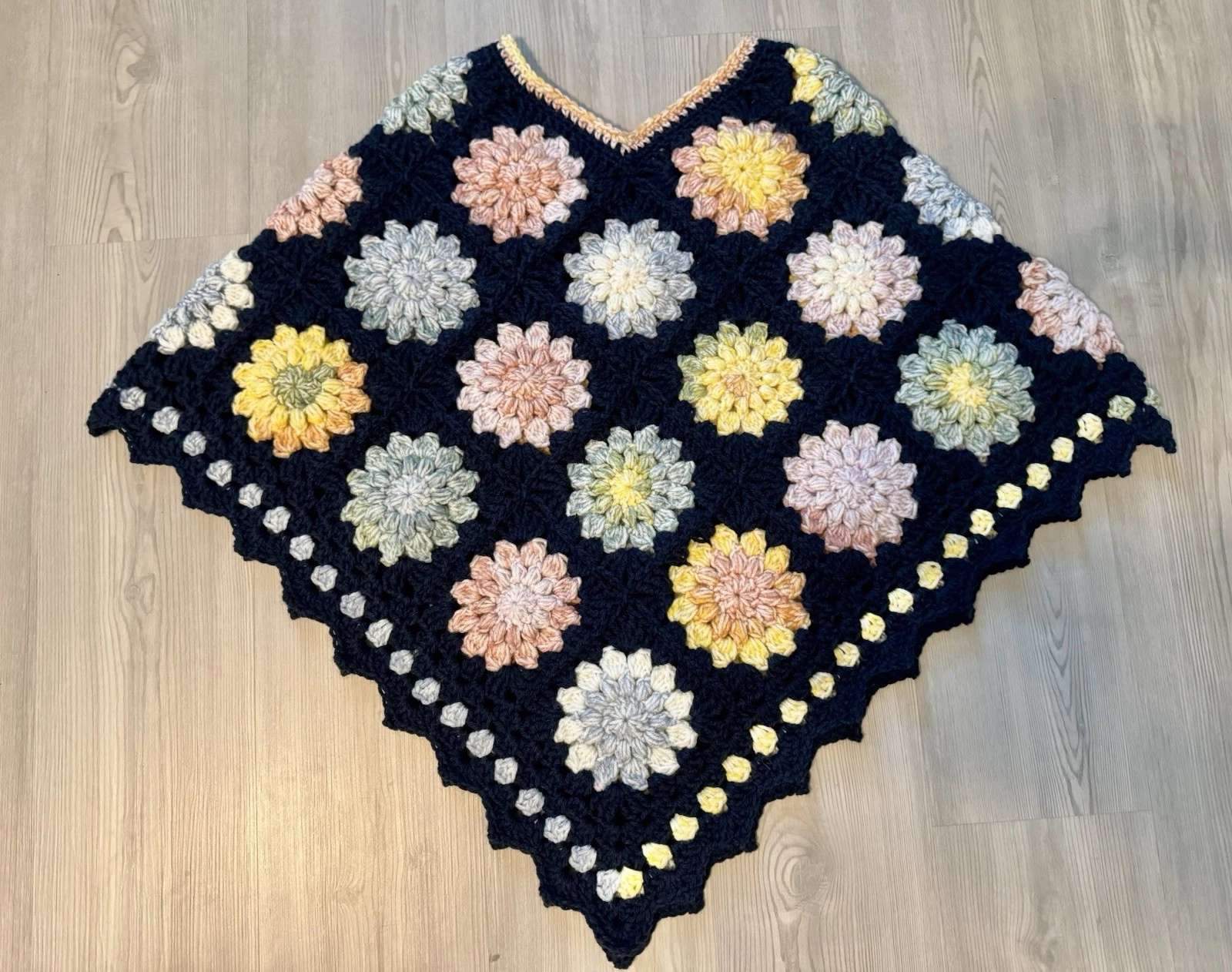 Handmade Crochet Poncho Multicolor Sunburst Granny Squares Navy Machine Washable