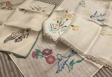 Lot 3 Hand Painted Handkerchiefs Spring BIRDS Silk Linen Rolled Lace Hanky Flora