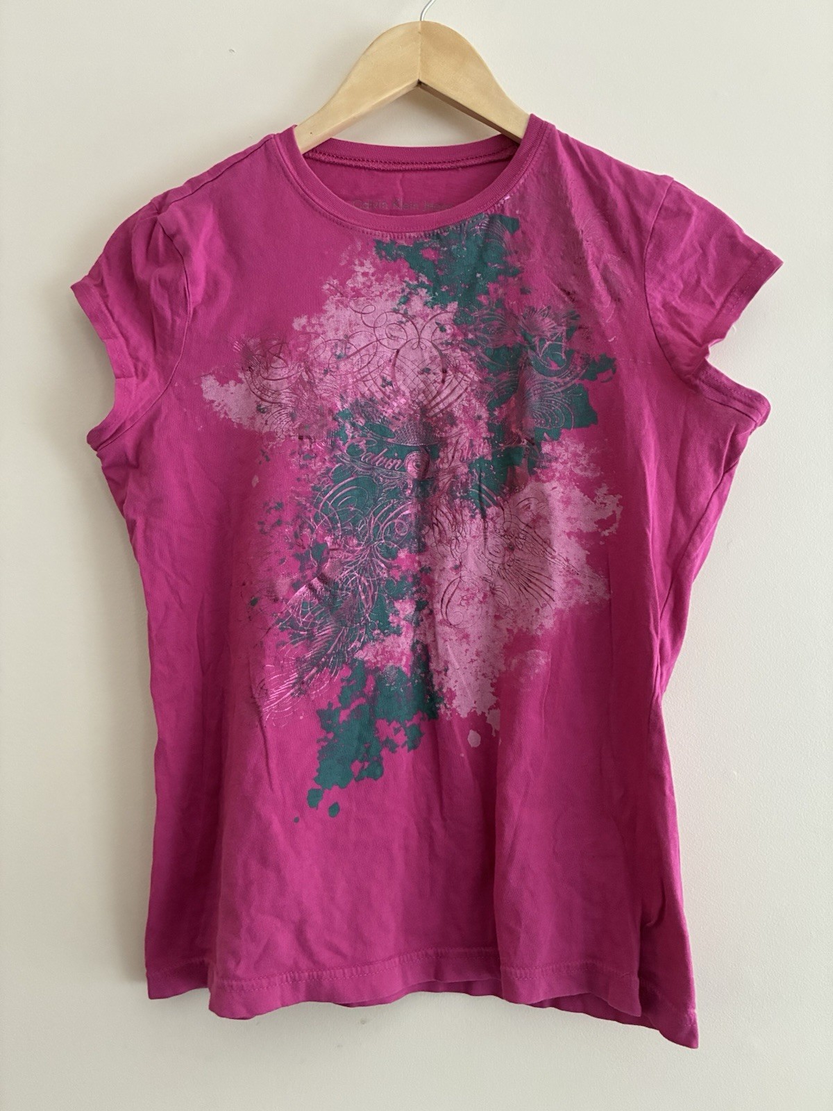 Calvin Klein Jeans Womens Graphic 100% Cotton Crewneck Short Sleeve Shirt Pink L