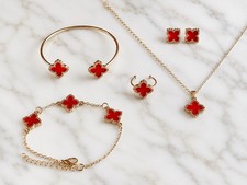 Gold Tone & Red Clover Jewellery Set Necklace Bracelet Earrings Ring Gift Her