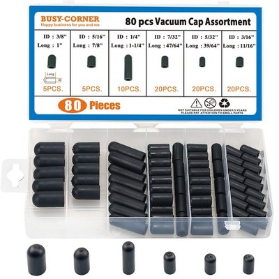 BUSY-CORNER 80 Pieces Vacuum Cap Assortment, Rubber, 80PCS Cap, Black 