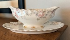 Haviland & Co Limoges Gravy Boat w/Attached Under Plate Pink Blue Flowers Gold