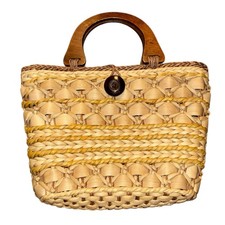 Vintage Woven Straw Tote Bag Wood Handles Boho Summer Purse Basket Style 14x9.5