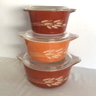 Vintage Pyrex Autumn Harvest Wheat Casserole Dish Set Of 3 w/ Lids Orange