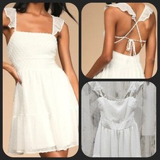 LULUS Flutter of My Heart White Swiss Dot Ruffle Tie Back Mini Dress Size MEDIUM