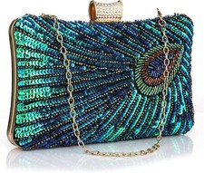 Beaded Sequin Peacock Evening Clutch Bags Party Wedding Purse 7.9 4.7 2.4 in