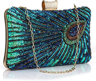 Beaded Sequin Peacock Evening Clutch Bags Party Wedding Purse 7.9*4.7*2.4 in 