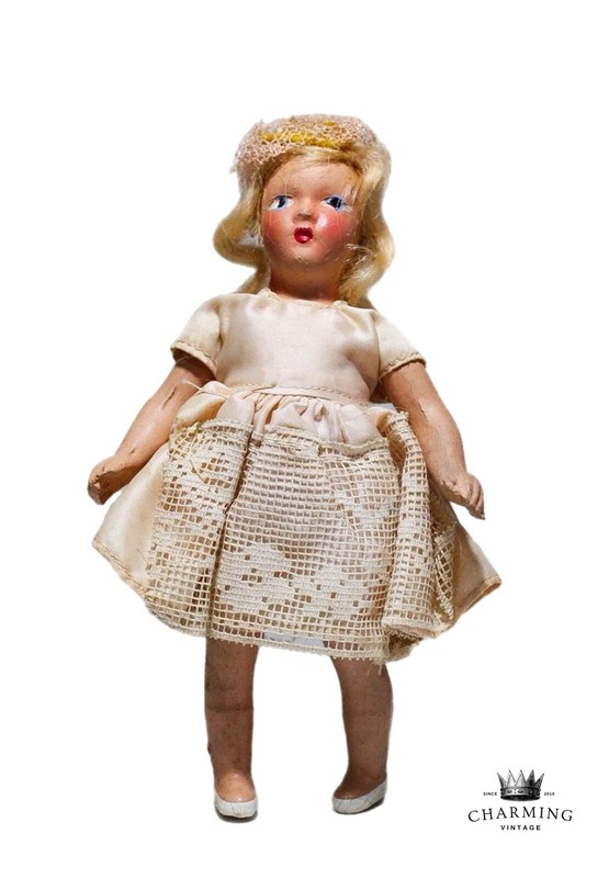 Vintage Antique Hard Plastic Laced Dress White Shoes Doll Toy