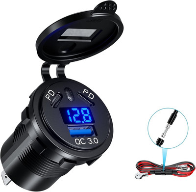 12V USB Outlet Car Charge, 108W 3-Port Marine USB Fast Charger Waterproof Cigare
