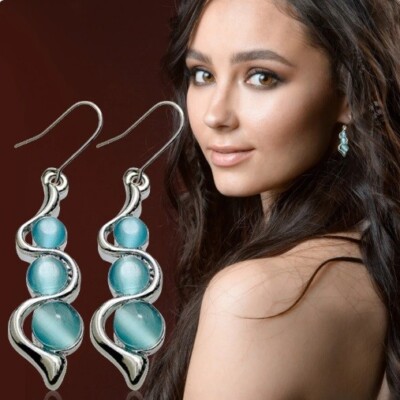 Neu Retro zarte zierlich Boho blau Mondstein Haken wirbelt silber Tropfen Ohrringe