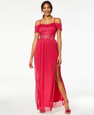 $101 Bcx Juniors' Pink Off Shoulder Scalloped Sequined Side Slit Dress Size 13
