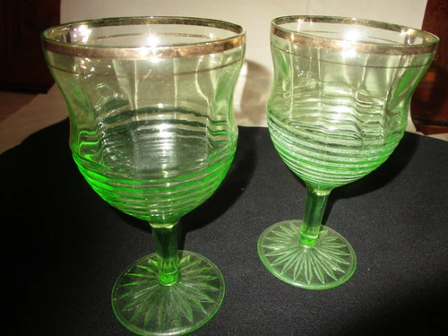 Green Depression Glass Optic Ribbed Cordial/Liquor Glasses - Set of 2
