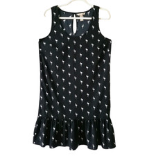BANANA REPUBLIC Drop Waist Shift Dress BLACK w/WHITE FLAMINGO PRINT Ruffle Hem 8