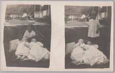 Girl & Two Babies White Dresses Yard Portrait Diptych 1910s AZO RPPC Postcard