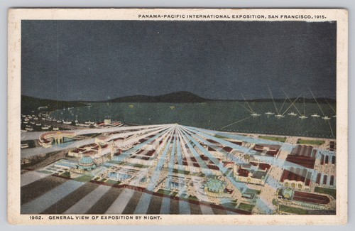 1915 San Francisco PPIE General View Exposition Night Aerial Postcard