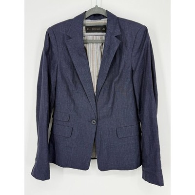 Zara Basic Blazer Womens Small Navy Blue Excellent Single Button Linen Blend