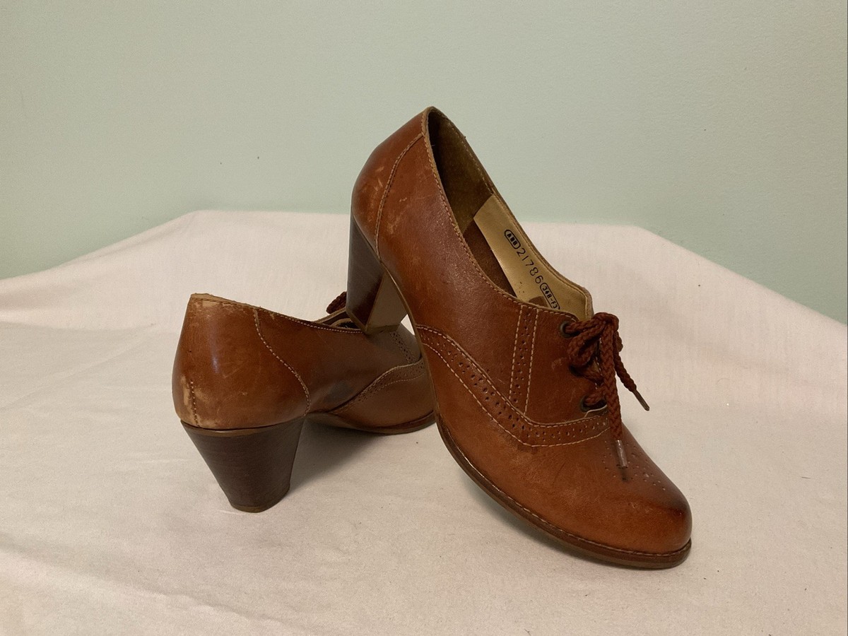 女の子 Vintage 70s 80s Brown Leather Oxford Heels Shoes Nobil's Womens
