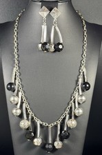 Black Silver Statement Necklace Earrings Set Geometric Bead Dangle Jewelry