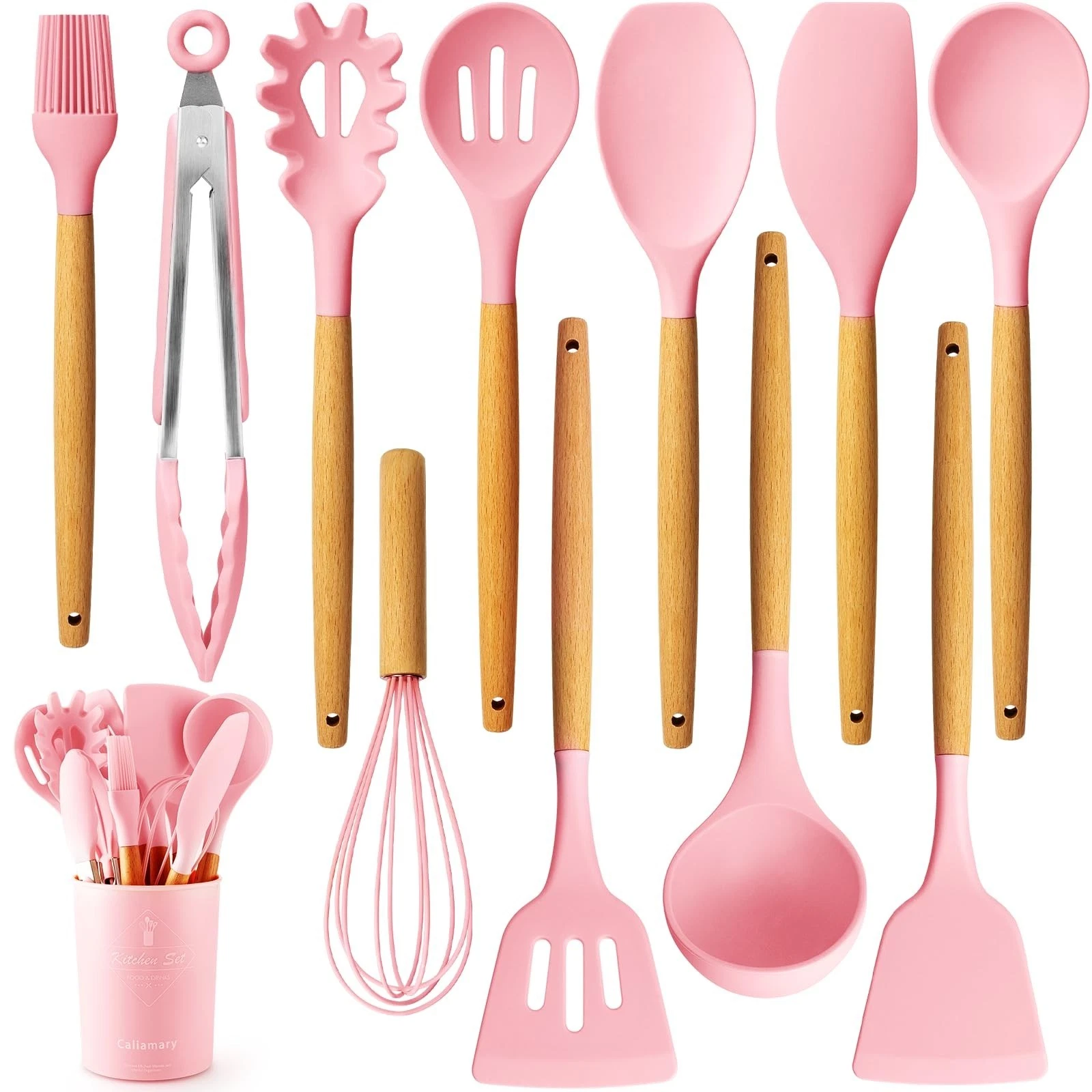 Silicone Kitchen Utensil Set, 11 Pieces Cooking Utensil with Wooden Handles, ...