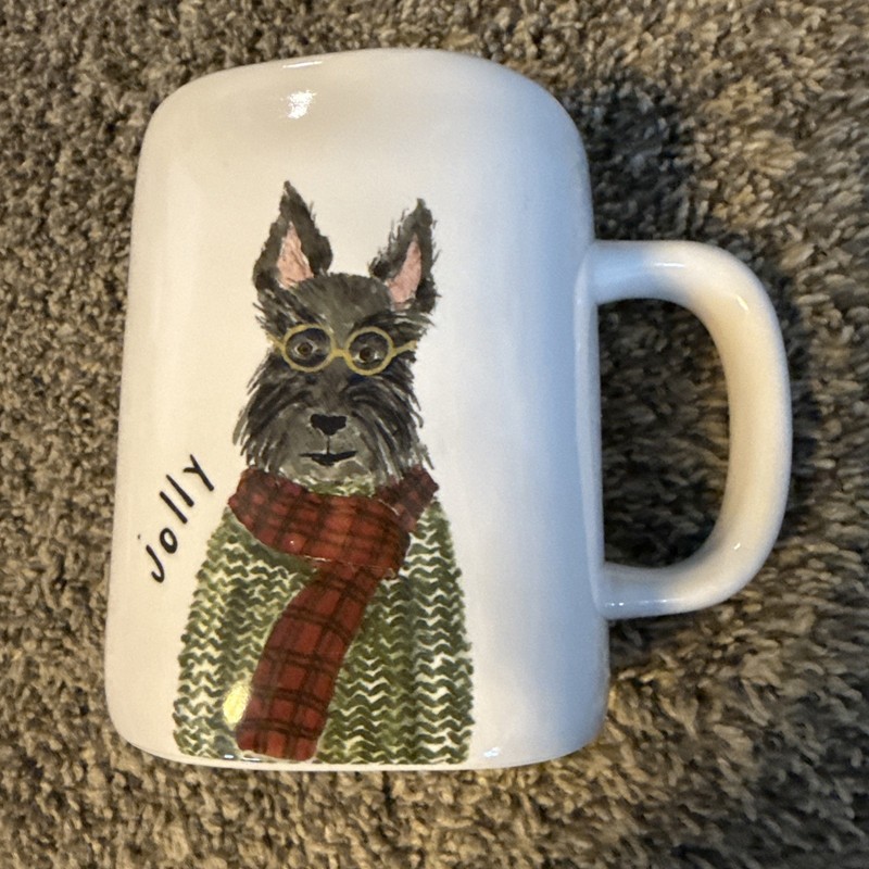 Rae Dunn Christmas Jolly Scotty Dog Ceramic Coffee Mug 4.75" Artisan Collection