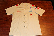 Boy Scouts of America BSA Men's Shirt Tan Large Sewn Patches Short Sleeve