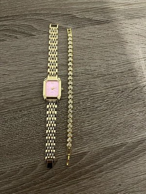 vintage uhr vergoldet rosa zifferblatt und armband