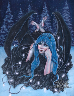#ad Gothic Fantasy Art PRINT Christmas Lights Snow Winter Demon Wings Blue Cold $7.50
