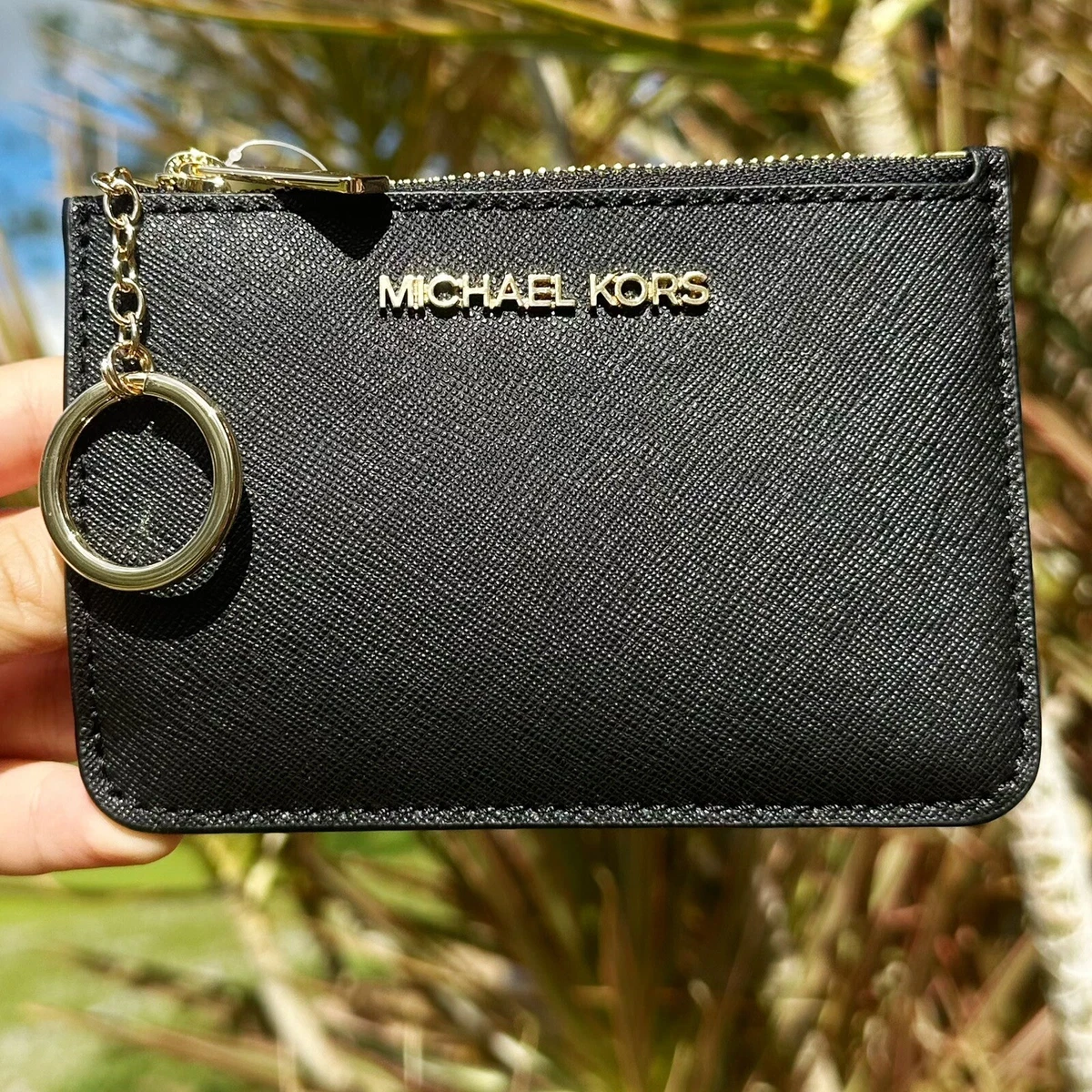 Michael Kors Jet Set Small Zip Coin Wallet Key Ring Card Holder Black  Leather