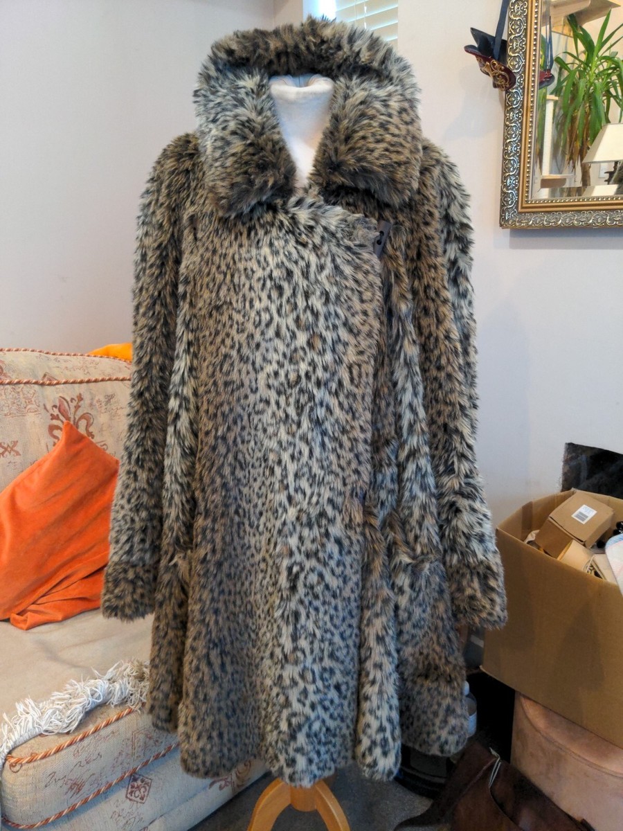 WALLIS Vintage Faux Leopard Fur Swinging Occasion Coat UK 12 Knee Length