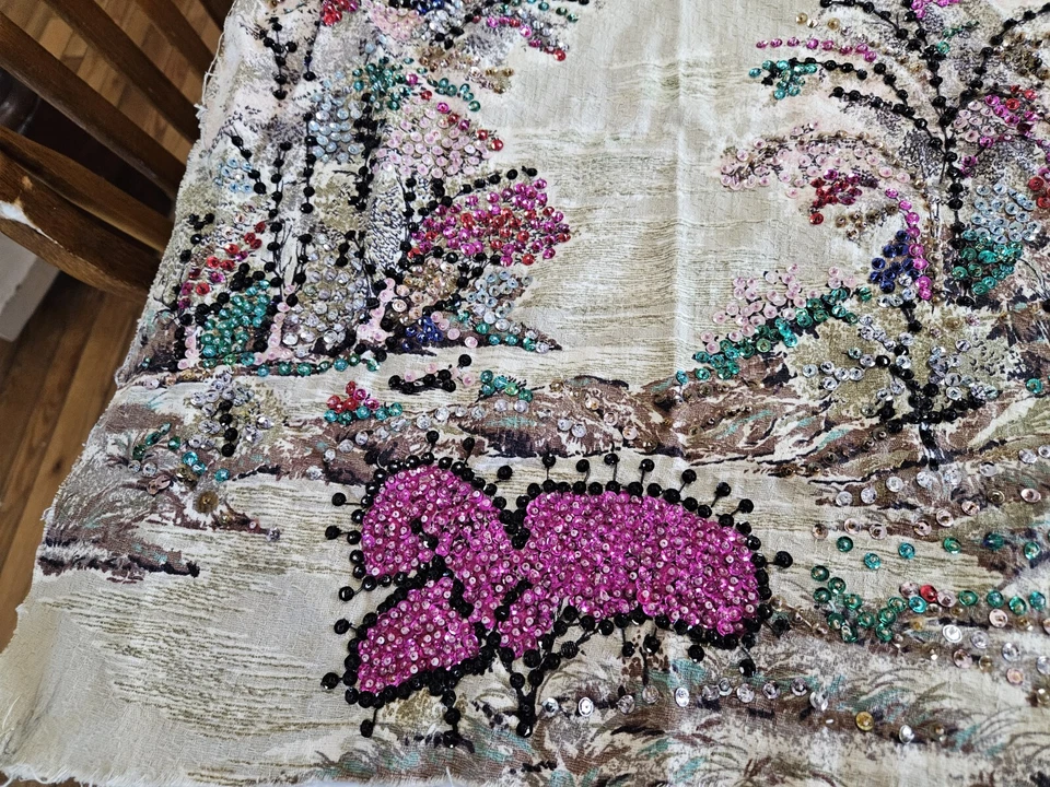 Tapiz vintage con lentejuelas a mano 36x24 bordes sin terminar Foto 3 de 4