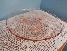 VTG LANCASTER DEPREESION GLASS PINK 3 TOED SHALLOW BOWL/CAKE PLATE 10" W/ETCHING