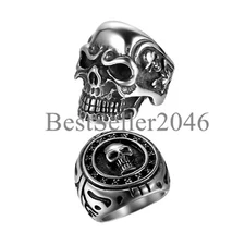 2pcs Punk Gothic Biker Stainless Steel Skull Mens Jewelry Ring Band Size 8-15