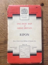 Vintage 1955 Ordnance Survey 1950s Fold Up CLOTH Map 1” Sheet 91 RIPON