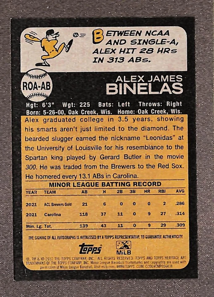 2022 Topps Heritage Minor League Auto #ROA-AB Alex Binelas - Image 2 of 3