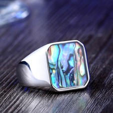 Abalone Shell Inlay Square Wedding Ring Stainless Steel Men's Vintage Band Rings