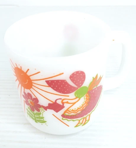 Milk Glass Coffee Mug by Glasbake "Everything Grows With Love" Girl Flowers