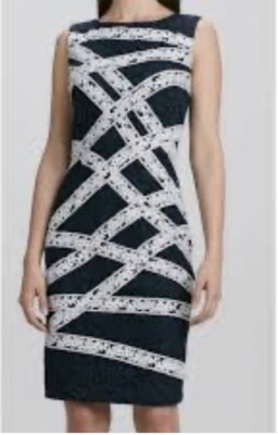 Tadashi Shoji Dress 8 Dark Blue White Lace Criss Cross Banded