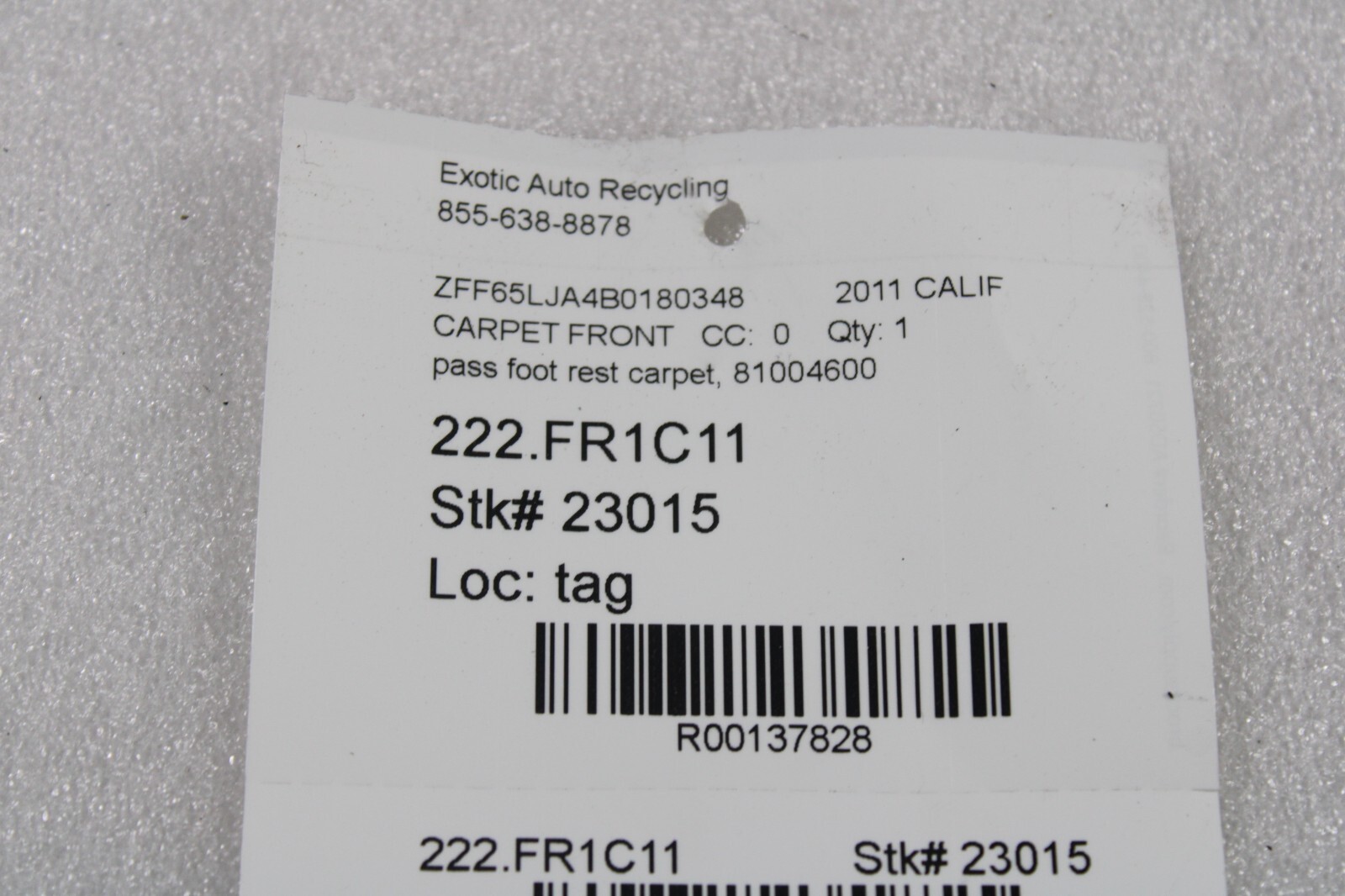Ferrari California, RH, Right, Passenger Foot Rest Carpet, Used, P/N 81004600