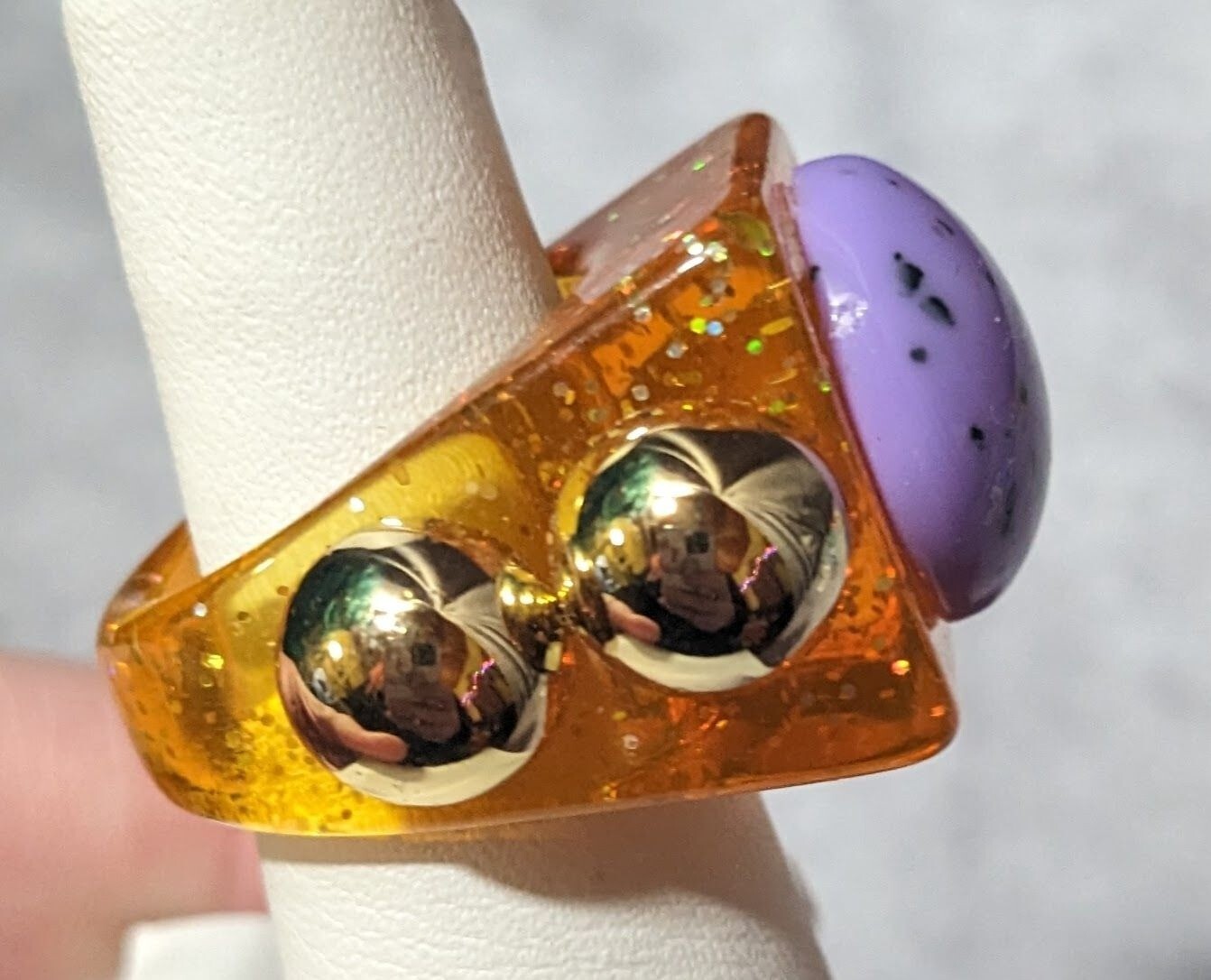 Chunky Translucent Orange Glitter Ring With Gold … - image 11