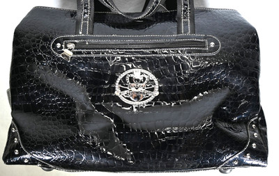 Kathy Van Zeeland Womens Tote Bag Black Croc Embossed Vegan Patent Studded Purse