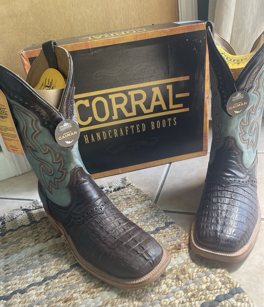 Corral Brown & Teal Caiman Leather Western Boots Men's 13 | eBay