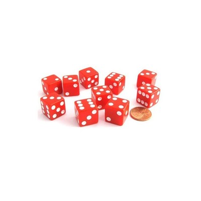 Set of 10 Six Sided Square Opaque 16mm D6 Dice - Red With White Pip Die