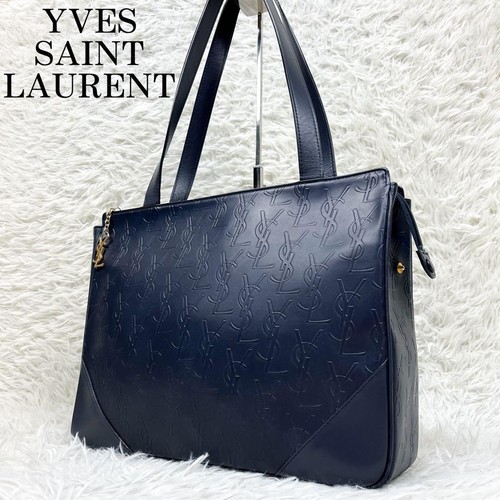 Yves Saint Laurent Embossed Monogram Tote Shoulder Bag Navy Leather Charm Womens