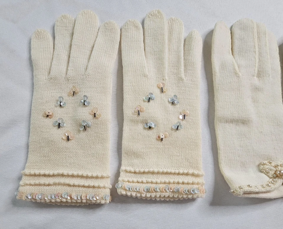 Lote de 2 guantes vintage de punto crema para niña - lentejuelas y lazos con cuentas Japón Foto 3 de 4
