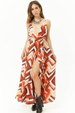 Forever 21 Rust Ivory Chevron Print Faux-Wrap Maxi Dress Small S
