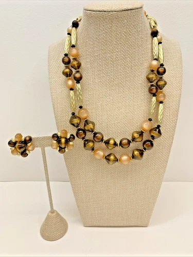 Vintage Coro Gold Tone Brown Bead Necklace & Clip-on Earrings Costume Jewelry