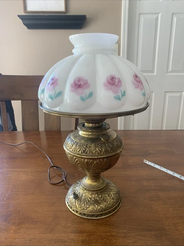 Vintage B&H Electric Oil Lamp White & Pink Rose Shade Works